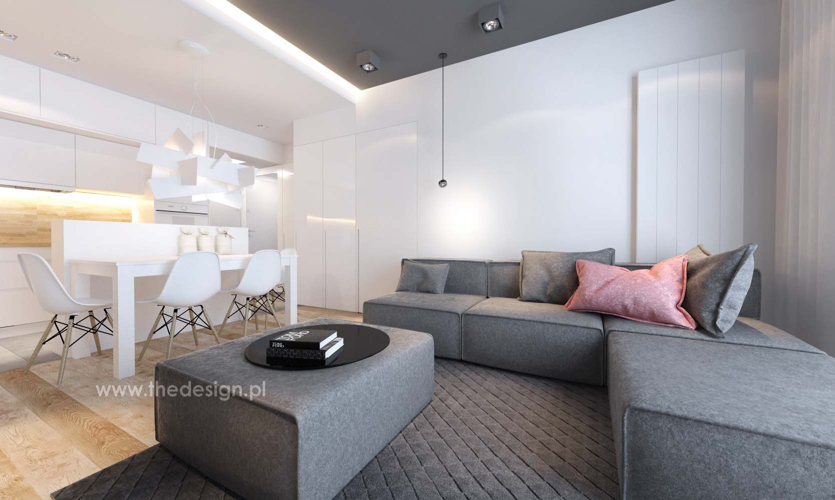Salon i jadalnia – mieszkanie przy Sowińskiego, Warszawa Wola Wizualizacja salonu połączonego z kuchnią i jadalnią, z szarym narożnikiem i drewnianą podłogą.