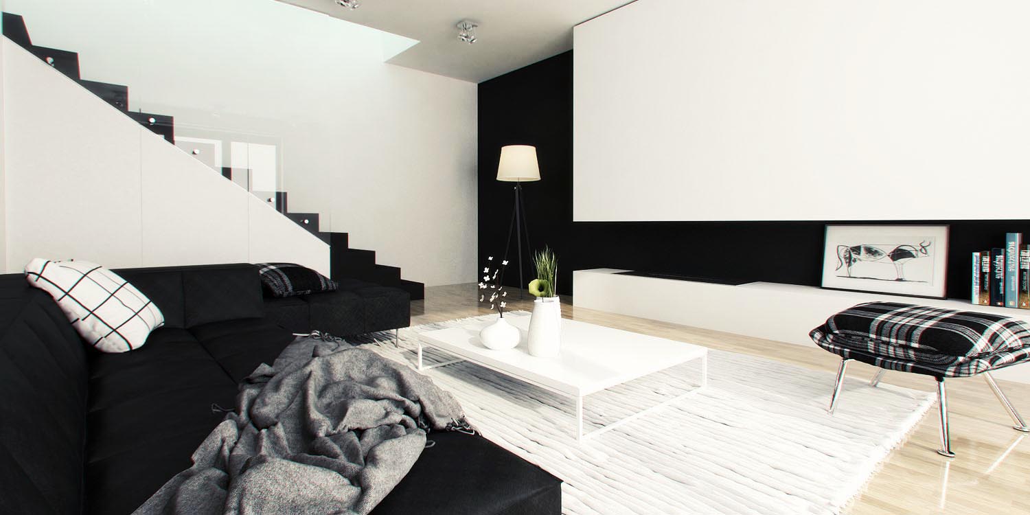 Salon ze schodami – apartament przy Bruzdowej, Wilanów Wizualizacja salonu z czarną sofą, białym stolikiem, miękkim dywanem i schodami ze szklaną balustradą.